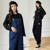 Maternity dress spring new large size fashion set loose T-shirt jacket foreign-style denim strap pants two-piece set