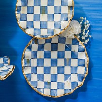 American Mackenzie Childs plate bowl dessert plate soup bowl salad bowl blue and white plaid hand-painted