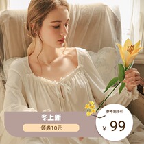 2021 new sexy palace style long sleeve Princess French nightdress very fairy pajamas female spring and autumn cotton lace edge