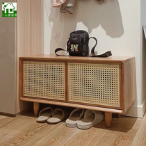Nordic solid wood shoe stool Home door shoe rack multi-function entrance cabinet Simple rattan can sit shoe cabinet locker