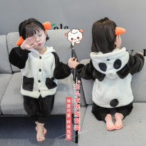 Childrens pajamas autumn and winter plus velvet thickened female baby home clothes small children coral velvet cute little boy suit