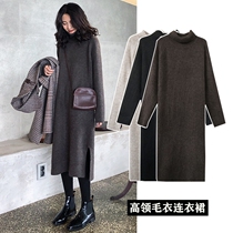 Pregnant womens autumn turtleneck sweater wear outside pregnant womens autumn suit Net red lazy wind thickening over the knee bottom dress