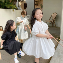 22 Summer pro-children Girl Bubble sleeves Flap Sweetness Dress Mid-Child Korean Version Foreign Air Cotton Short Sleeve Skirt