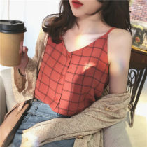Hong Kong flavor retro chic plaid small sling female heart machine with chiffon vest loose wear base shirt coat summer