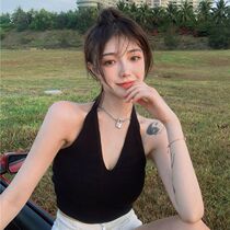 2021 New neck coat womens sling knitted outer vest sleeveless short v neck sexy summer
