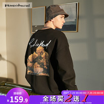 Radiohead spring and autumn black printed cotton crew neck sweater mens tide ins super fire pullover top loose cool