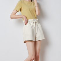 Tang lion 2021 summer new bud waist denim shorts women loose wide leg lace-up high waist hot pants show thin and wild