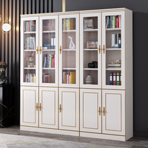 Full solid wood light luxury bookcase Nordic floor bookcase with door bookshelf White locker combination modern study combination