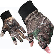 Outdoor autumn and winter leaves bionic camouflage camouflage camouflage full finger fishing and hunting riding bird watching gloves exposed two fingers to keep warm and cold