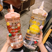 Large capacity 2L straw plastic cup men and women sports fitness high temperature water bottle with scale Net red hand Cup