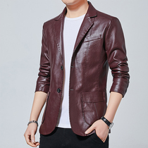 Mens leather clothing autumn new suit collar leather jacket mens casual middle-aged and young people all-match trendy slim jacket gown
