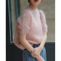Pink Sweater Women Mahau Fur Short Sleeves Slim-Knit Cardiovert 100 Lapped Retro-Lazy Wind-Airy Cocoon type