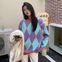 Diamond plaid sweater women loose wear spring and autumn winter Korean pullover lazy wind sweater design sense minority