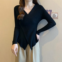 Large code Womens clothing Knitted Sweatshirt Cross V Collar Bottom Blouse Blouse Autumn Winter Fat Mm Swarm With Slim Long Sleeve T-Shirt Inner Hitch