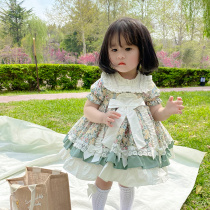 Girls Floral Lolita skirt 2021 summer new cake skirt childrens female baby short-sleeved princess dress