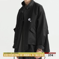 DECESOLO Japanese vintage double-layer fake two-piece stand-up collar short trench coat men loose zipper jacket jacket spring and autumn