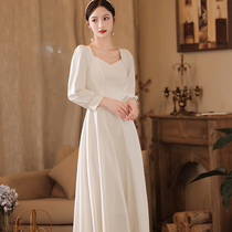 The celebrity white dress evening engagement host birthday certificate small white dress banquet usually wear long sleeve toast
