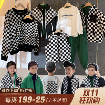 Chenchen mother boy suit black and white checkerboard clothes boy pants children plus velvet coat baby cotton coat