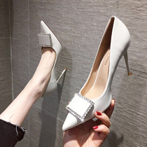 2021 spring and autumn all-match new shallow mouth sexy pointed net red womens shoes rhinestone white high heels fine heel shoes
