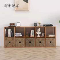 Solid wood bookshelf simple custom log solid wood lattice cabinet floor-to-ceiling cherry wood storage living room cabinet oak 9 grid