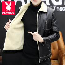 Playboy leather leather mens sheepskin lambskin 2020 handsome slim plus velvet jacket mens leather jacket