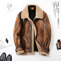 Fur integrated mens winter large size plus velvet thickened leather short motorcycle jacket mens lamb wool coat