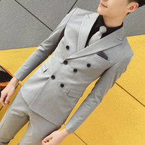 Korean slim double-breasted suit suit suit mens casual professional dress handsome groom dress best man small suit tide