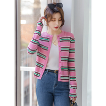 Njiahui Town Shop fine pure ~ beautiful slave wool thin section of knitted sweatshirt female summer short section Striped Loose Cardiovert Jacket