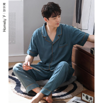 Woven cotton yarn cloth pajamas Mens summer pure cotton short-sleeved trousers Home clothes Summer thin cotton half-sleeve set