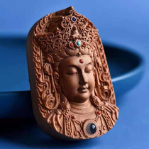 Indian old mountain sandalwood old stock Buddhist wood carving Guanyin double face engraving inlaid Baise necklace with projection pendant pendant
