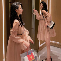 Maternity dress Autumn fashion models go out net red loose pregnant women off-the-shoulder mesh skirt Large size belly skirt