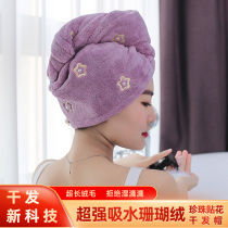 Summer new super absorbent head scarf coral velvet quick dry hair cap pearl embroidery dry hair artifact wrap headscarf