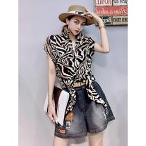 European goods in the summer of 2021 new short sleeve hot diamond printed cotton linen shirt loose thin foreign style design sense coat female