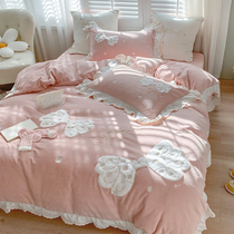 Girls room princess wind bow embroidery winter milk velvet four-piece padded warm coral velvet quilt cover bedding