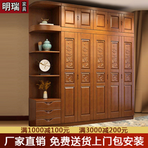 Modern Chinese all solid wood carved corner bedroom wardrobe 3 four 5 six door Oak home economy large storage cabinet