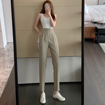 Design sense high waist inclined buckle Joker suit pants womens autumn new Korean slim slim straight casual trousers tide