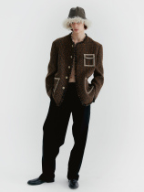 delivery three-dimensional tweed Brown blue woven blazer tassel edge round neck metal button top small fragrance