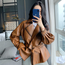 Leather jacket womens 2021 spring and Autumn new sheep oil wax leather leather windbreaker suit collar thin waist lace-up