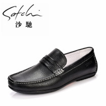 Sha Chi mens shoes leather woven fabric stitching set of feet comfortable lazy casual shoes outdoor round-headed flat summer mens shoes