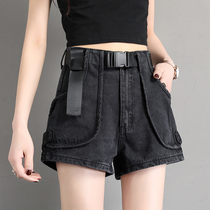 Black denim shorts womens 2021 summer new Hong Kong taste retro thin high waist Korean version loose a word hot pants tide