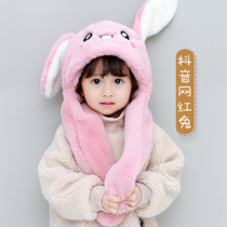 Net red rabbit ears will move childrens hat scarf one hat winter plush super cute girl boy baby