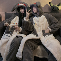ins Korean couple pajamas autumn and winter coral velvet padded velvet cute ChinChin winter gown for men and women