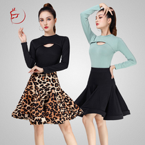 New Latin dance swing skirt adult womens mid-sleeve top GB dance skirt leopard print dance practice suit skirt