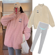 Pregnant women winter suit fashion model 2021 new winter coat loose Lamb hair sweater spring and autumn two-piece set