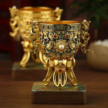 ◇鶴鳴堂◇中国・時代物 古銅 鍍金 象嵌寶石 江山永固酒杯 極細工