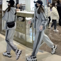 Loose thin Korean student sports suit female spring and autumn size fashion fried street running leisure two-piece hooded