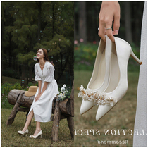 Tide brand fairy fine heel pointed single shoes pearl buckle silk silk satin high heels female shallow mouth ladies fashion wedding shoes