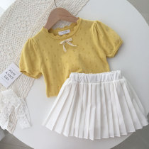 Childrens clothing Korean tie girls knitted sweatshirt thin summer pure cotton baby hollowed-out short sleeve T-shirt princess childrens blouse