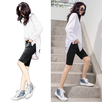 Five-point pants womens high-waisted denim shorts summer thin Korean pants 2021 new elastic tight cycling pants