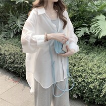 Port wind micro-transparent sunscreen shirt Womens summer thin section light cooked wind white Chiffon shirt Medium long loose cardigan jacket